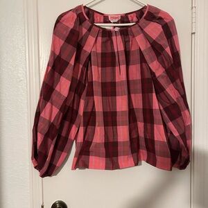 Kate Spade Red and Pink Blouse with Puff Sleeves